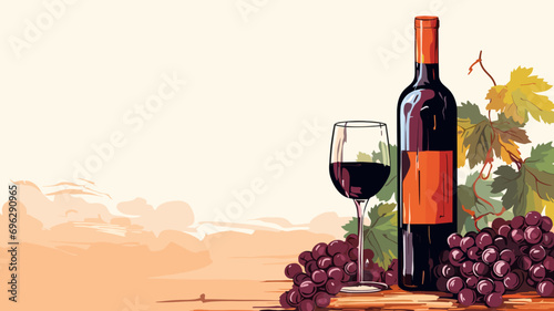 copy space, vector illustration, bottle and glass of wine with grapes, National Wine Day greeting card, grapes fruit with a glass of wine and a bottle. Glass filles with wine, some grapes and a winebo