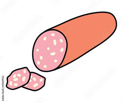 Meat product of food colorful set. This charming illustration with intricate design elements beautifully complement the mouthwatering allure of a glazed sausage. Vector illustration.