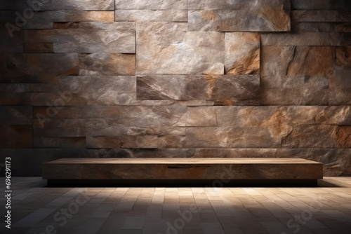 Unique interior concept with an abstract rustic grunge wall and stone granite podium, ideal for artistic product presentations and mockups.