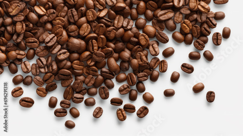 Roasted coffee beans in a striking top view layout. Ideal for culinary and design uses with a clean white background and mockup template. © Mongkol