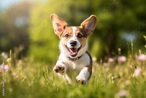 listening ears funny happy summer spring running pet puppy dog playful grass concept Generative AI