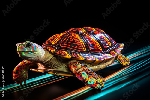 turtle running quickly, showing high speed, neon