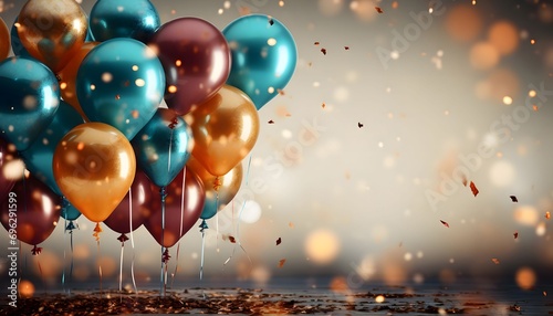 Gold, blue and red balloons in a blurry background with falling confetti.New Year's Eve white background, banner with space for your own content.