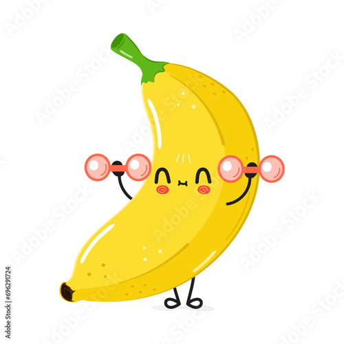 Cute funny Banana character with dumbbells. Vector hand drawn cartoon kawaii character illustration icon. Isolated on white background. Banana character gym concept