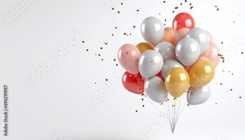 Colorful balloons, around confetti. New Year's Eve bright background, banner with space for your own content.