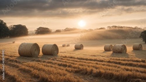Misty morning sunrise with hay bails in a field.