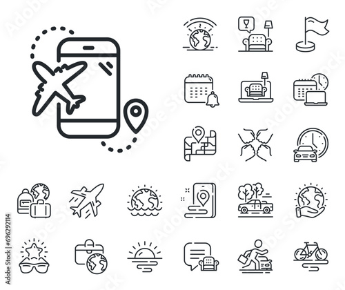 Trip flight destination sign. Plane jet, travel map and baggage claim outline icons. Airplane travel line icon. Holidays symbol. Flight destination line sign. Car rental, taxi transport icon. Vector