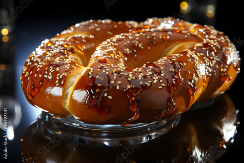 A jumbo pretzel, dramatic studio lighting and a shallow depth of field, placed on a reflective black surface. Ai Generated.NO.02
