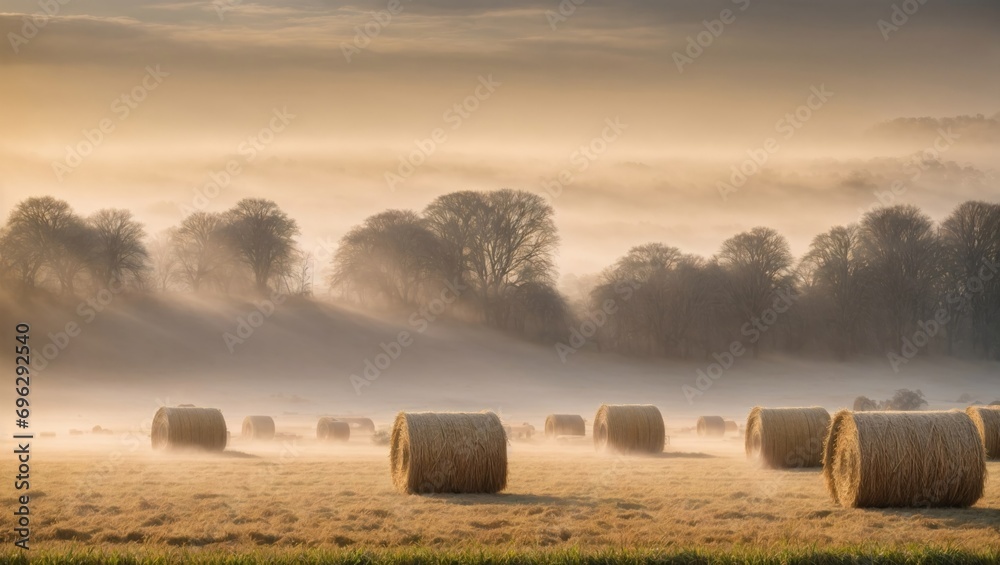 Misty morning sunrise with hay bails in a field.