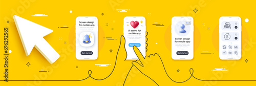 Luggage, Love and Click line icons pack. Phone screen mockup with 3d alert bell, health and headshot. Typewriter, Payment, Gifts web icon. Dollar exchange, Upper arrows pictogram. Vector