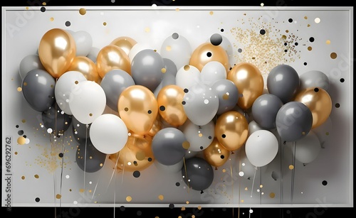 Gold  black  white  silver balloons and gold confetti on a white wall.New Year s Eve bright background  banner with space for your own content.