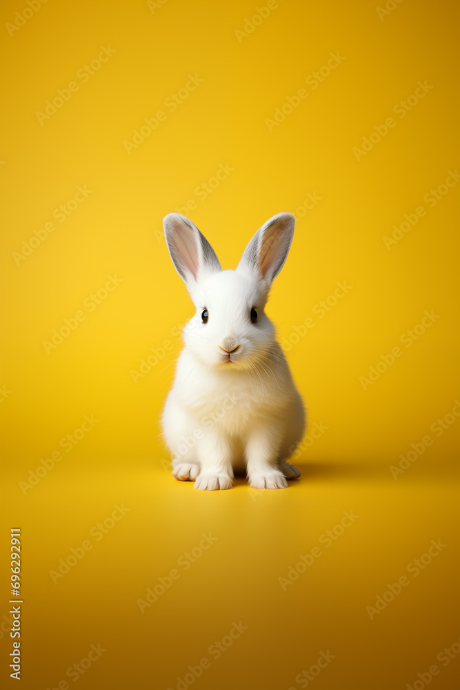 White bunny isolated on yellow background. Easter concept. Copy space.
