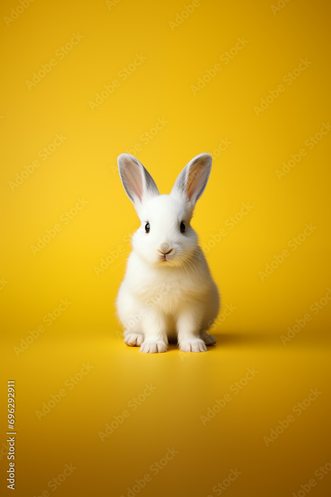 White bunny isolated on yellow background. Easter concept. Copy space. White bunny isolated on yellow background. Easter concept. Copy space.
