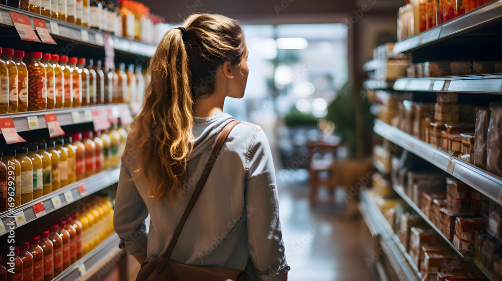Happy woman looking at product at grocery store