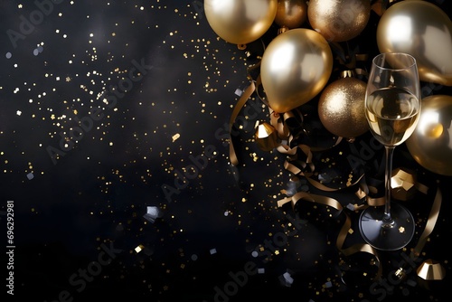 Champagne glass and golden Bombs, Balloons, confetti and streamers.New Year's Eve background, banner with space for your own content.