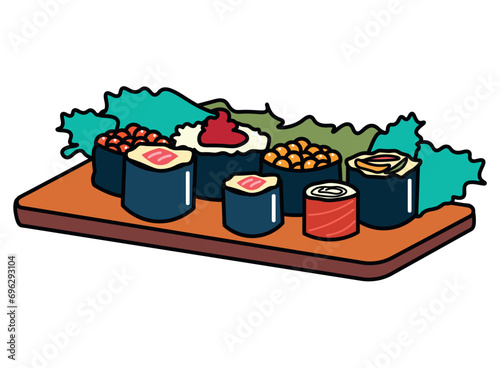 Sea product of food colorful set. The detailed design features a mouthwatering set of sushi rolls against white background, celebrating the culinary mastery of sushi chefs. Vector illustration.
