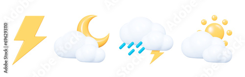 3D Weather set emoji icon. Cloud with sun, rain, moon and lightning. Meteo forecast graphic symbol for app and web. Cartoon creative design icon isolated on white background. 3D vector illustration