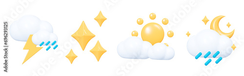 3D Weather set emoji icon. Cloud with sun, rain, moon and lightning. Meteo forecast graphic symbol for app and web. Cartoon creative design icon isolated on white background. 3D vector illustration