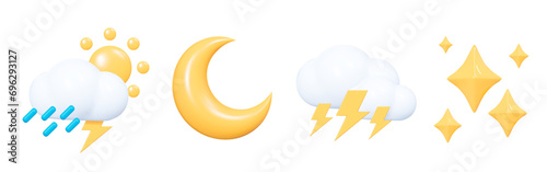 3D Weather set emoji icon. Cloud with sun, rain, moon and lightning. Meteo forecast graphic symbol for app and web. Cartoon creative design icon isolated on white background. 3D vector illustration