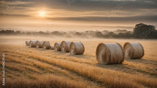 Misty morning sunrise with hay bails in a field. photo