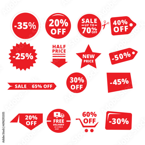 Big sale off red tag with shadow on white background.Shopping sales and discounts promotional labels, vector set.Big sale promo, special offer, hot price only today, special discount, coupon, best off