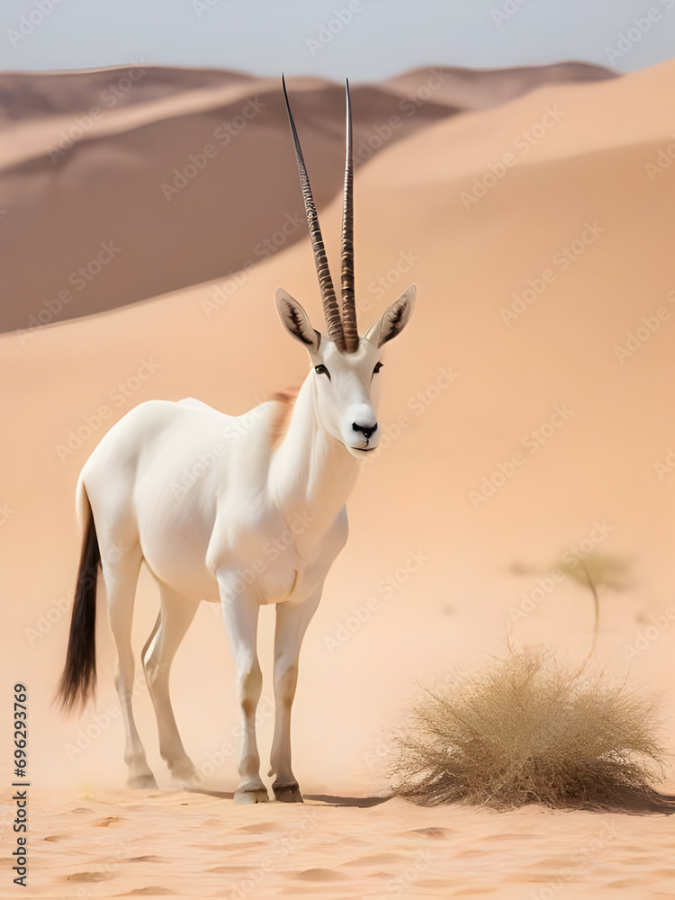 An intimate portrait of an endangered desert animal, like the Arabian oryx. An intimate portrait of an endangered desert animal, like the Arabian oryx.