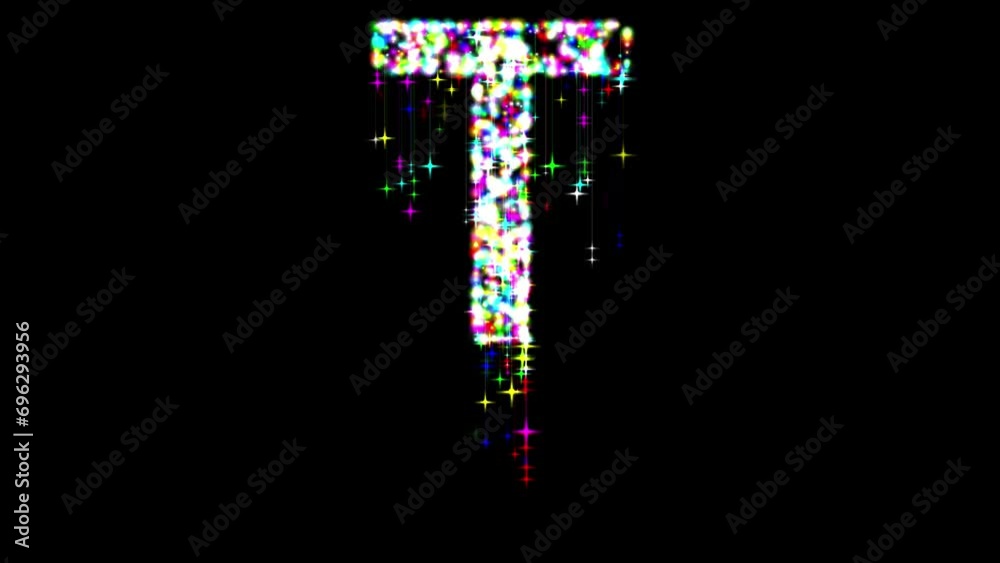 English alphabet T with colorful glitter sparkles and falling stars on plain black background English alphabet T with colorful glitter sparkles and falling stars on plain black background