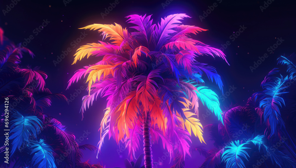 Surreal neon palm trees radiate with luminescent hues against a starry night sky, evoking a dreamlike paradise.
