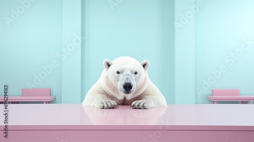 White polar bear in the room. mint background. Generative AI 