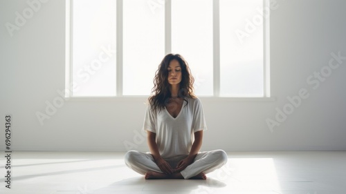 Individual Engaging in Dopamine Detox in Empty White Space. Person practicing dopamine detox, sitting in meditation to reduce stimuli, in white room promoting mental clarity and restfulness. photo