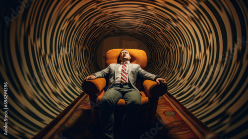 Man Undergoing Hypnotherapy with Visual Illusion. A man sits in chair, seemingly entranced by the hypnotic swirl patterns surrounding him, indicative of a hypnotherapy session.