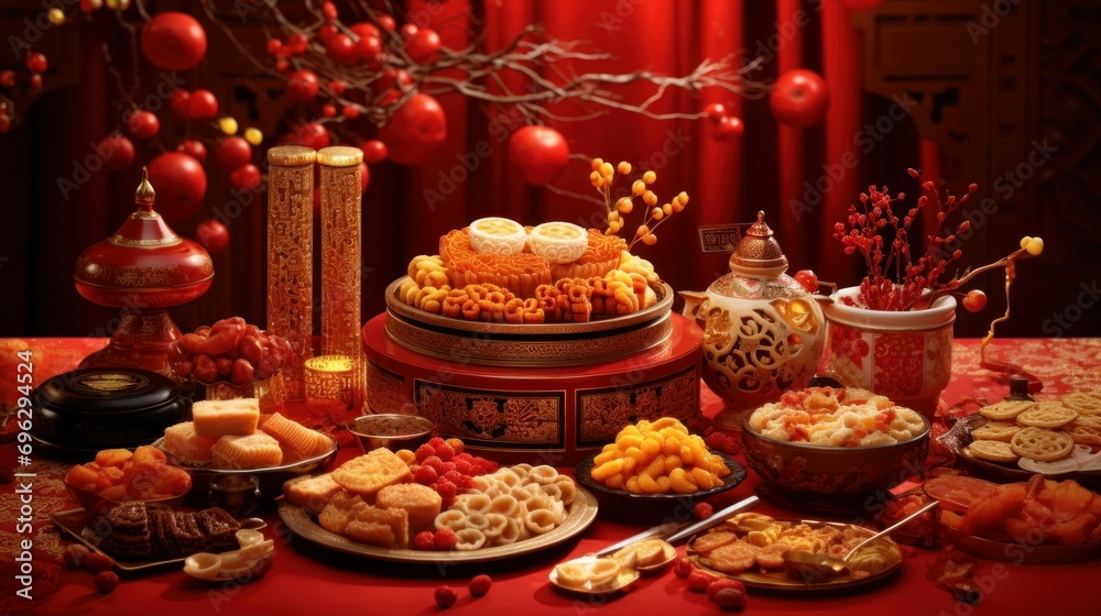 Lunar New Year sweets and delicacies, including mooncakes, candied fruits, and traditional pastries, elegantly displayed on red and gold cloth. Lunar New Year Traditional Festive Food Spread