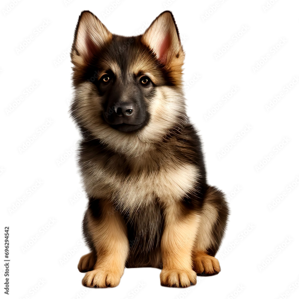 Baby cute German shepherd dog sitting, isolated on transparent or white background