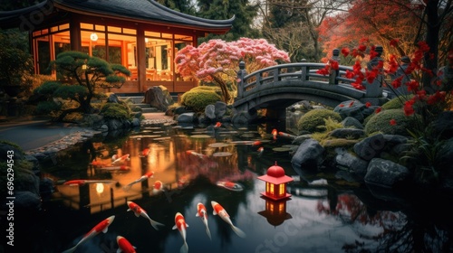 Serene scene of traditional temple adorned with red lanterns and festive decorations, set in a tranquil garden with a koi pond, symbolizing peace and renewal in the new year. © irissca
