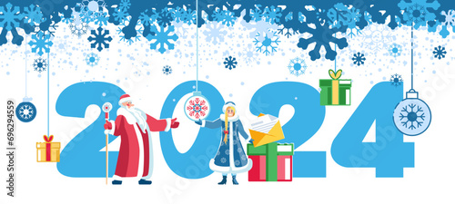 2024. Happy New Year 2024. New Year and Christmas gifts. Santa Claus and Snow Maiden prepare holiday gifts, cards for winter holidays, snowfall from snowflakes. Banner, elements. Vector illustration