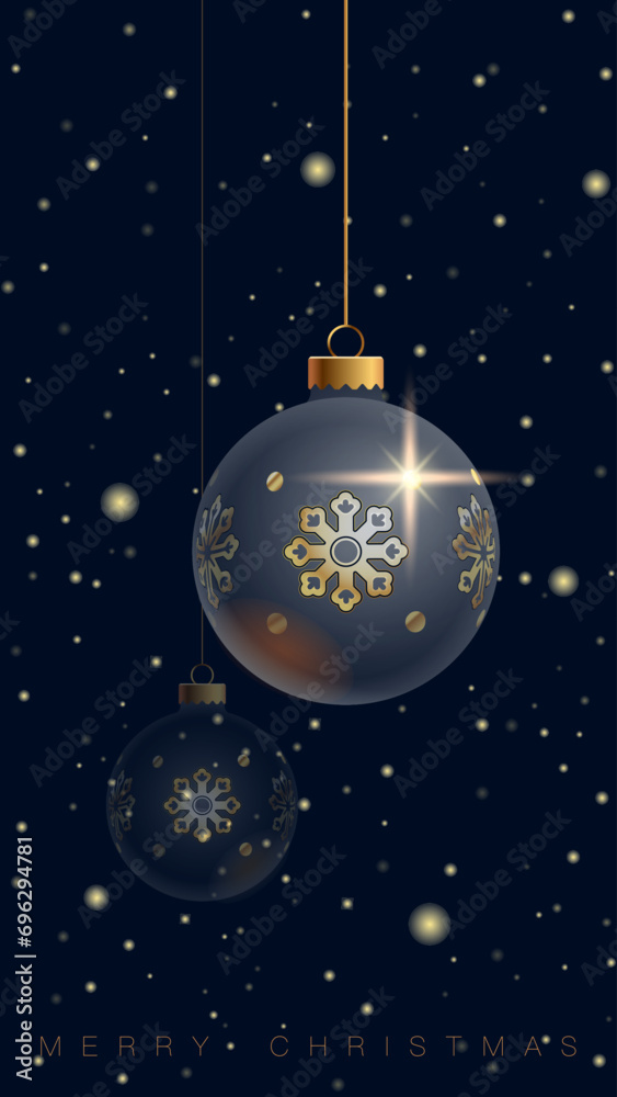 New Year's toy. 2024. Happy New Year 2024, Merry Christmas. Smartphone screensaver design. Blue background with festive decorative black balls golden snowflakes.Invitation postcard.Vector illustration New Year's toy. 2024. Happy New Year 2024, Merry Christmas. Smartphone screensaver design. Blue background with festive decorative black balls golden snowflakes.Invitation postcard.Vector illustration