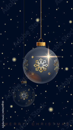 New Year s toy. 2024. Happy New Year 2024  Merry Christmas. Smartphone screensaver design. Blue background with festive decorative black balls golden snowflakes.Invitation postcard.Vector illustration