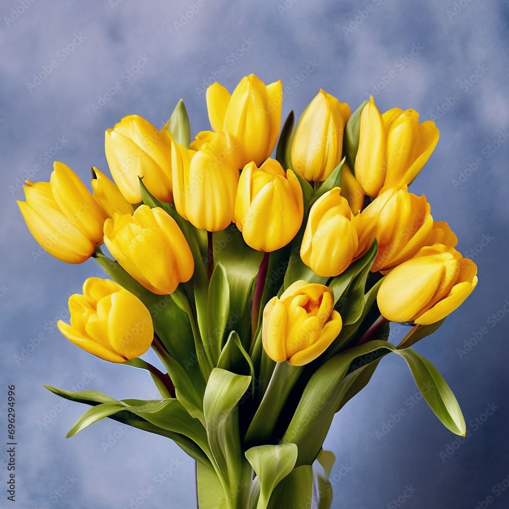 yellow tulips against blue sky