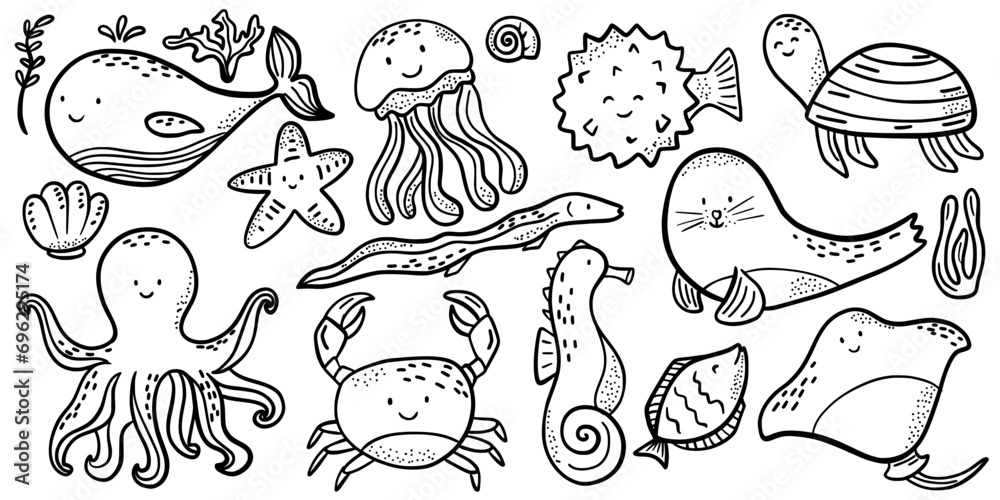 Fish and wild marine animals are isolated on white background. Inhabitants of the sea world, cute, funny underwater creatures dolphin, shark, ocean crabs, sea turtle, shrimp. Flat cartoon illustration Fish and wild marine animals are isolated on white background. Inhabitants of the sea world, cute, funny underwater creatures dolphin, shark, ocean crabs, sea turtle, shrimp. Flat cartoon illustration
