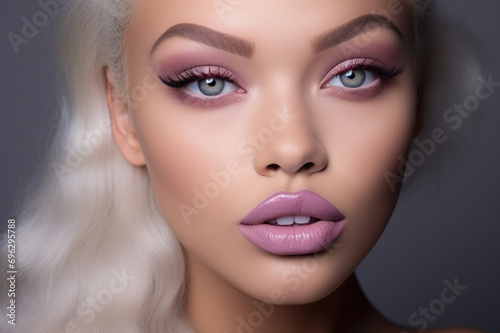 Close-up of a woman s face showcasing striking makeup  lavender lips  and captivating blue eyes. Perfect for beauty  makeup tutorials  and fashion concepts on modern elegance.