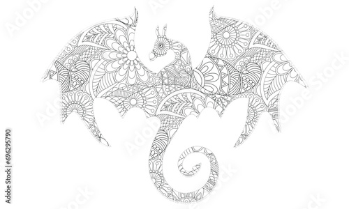 Adult coloring book page with beautiful dragon on white background.Adult coloring book page with beautiful dragon on white background 