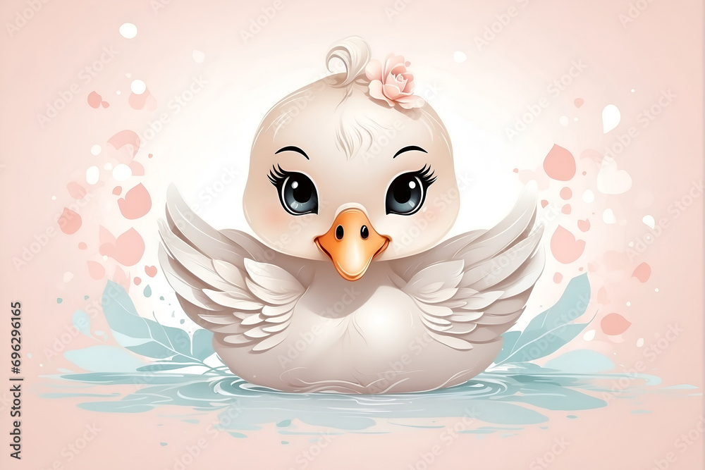 feminine graphic design of a chibi kawaii swan, cute, pastel colors on solid background