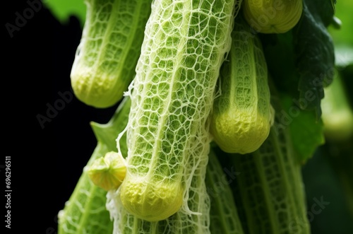 Discolored Green luffa plant with yellow infection disease. Tropical food gourd vegetable hanging on branch. Generate ai
