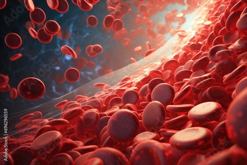 Blood cells in red blood cells. 3d render, 3d illustration, A 3D rendering of a blood vessel with blood cells flowing in one direction, AI Generated photo