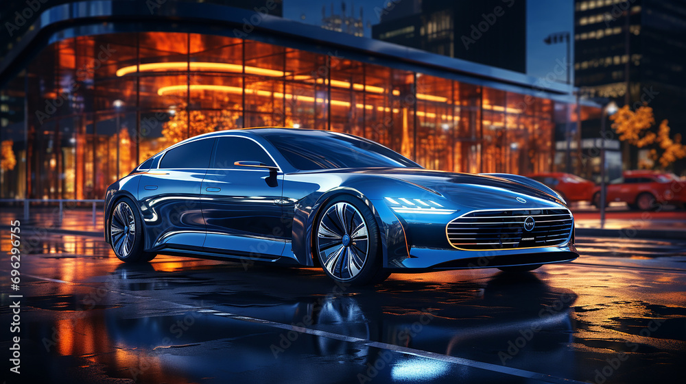 Luminous night city and futuristic concept cars, luxurious blue sports cars and urban lighting, innovatively designed cars and urban night views, electric cars, Generative AI