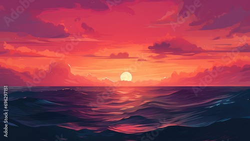 Beautiful orange and pink magenta sunset in the sea. Summer beautiful panoramic landscape background, watercolor or anime cartoon style.
