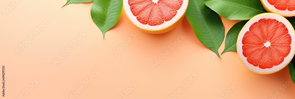 fresh grapefruit slices on a pastel color background - obrazy, fototapety, plakaty 