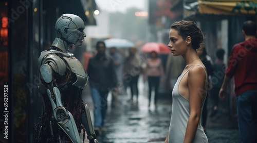 Humanoid robot walking with woman  photo