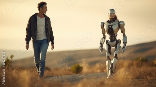 humanoid robot walking with man  photo
