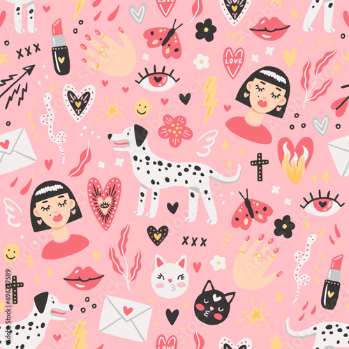Hand-drawn vector seamless St. Valentine's Day pattern for wrapping paper. Cute texture with doodles - dog, hearts, cats, valentines on pink background